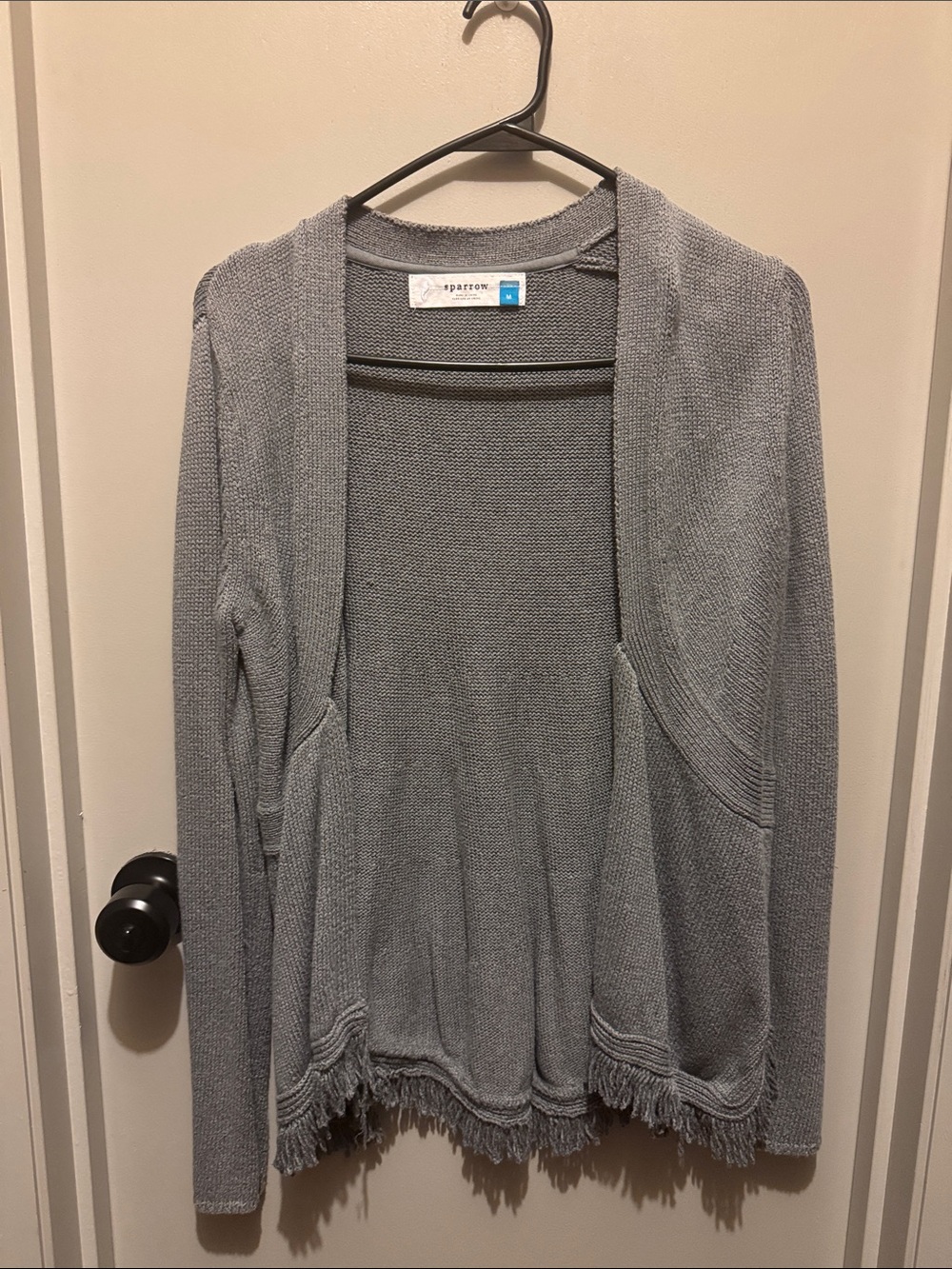 sparrow Gray Open-Front Knit Cardigan with Fringe Hem